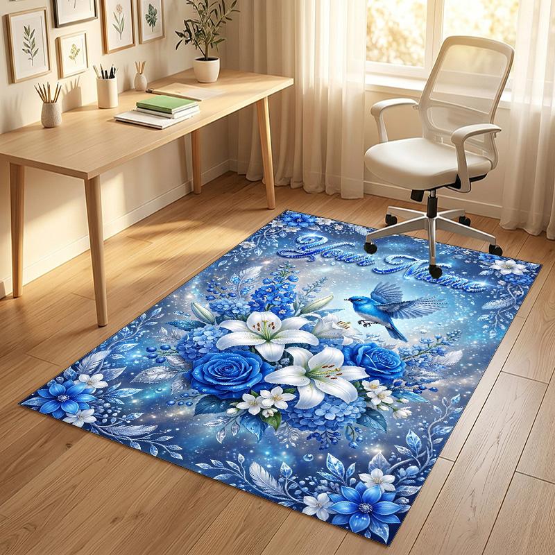 Floral Garden Theme Crystal Velvet Rug Personalized Custom Name Text Soft Floor Mat Home Decor