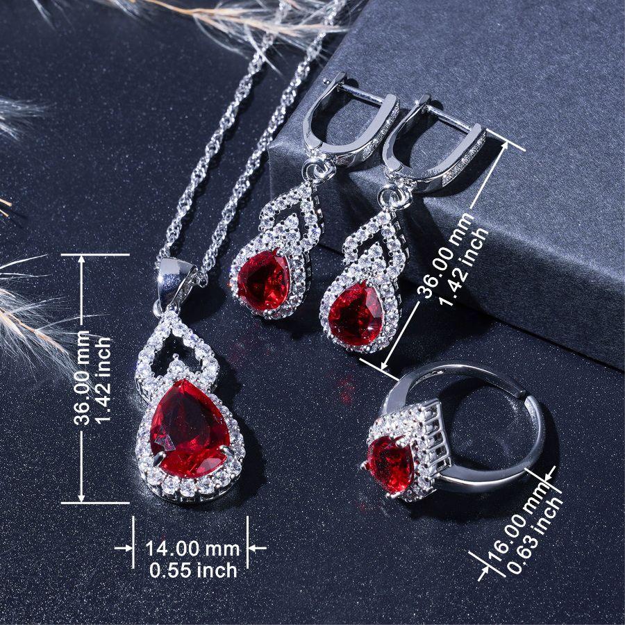 Элегантный красный кристалл посеребренный капля воды свадебные комплекты ювелирных изделий для женщин серьги ожерелье регулируемое кольцо браслет