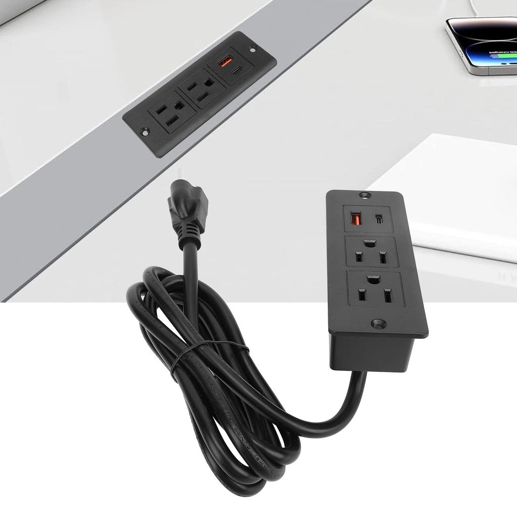 Recessed Power Strip 2 Outlets 1 USB C 1 USB A Ports Fast Charging Desk Outlet with 1.5m Cord for Furniture 12A