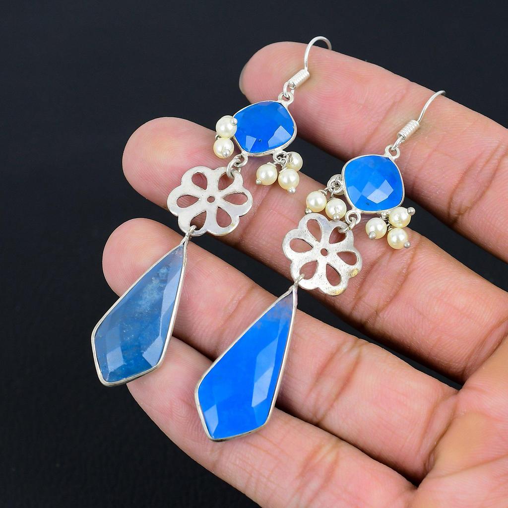 Blue Chalcedony Stone Sterling Silver Birthday Drop Dangle Anniversary Earrings
