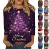 Women's Fashion And Winter Casual Round Neck Brushed Ribbed Christmas Print Three-quarter Sleeve T-shirt Women's Clothing