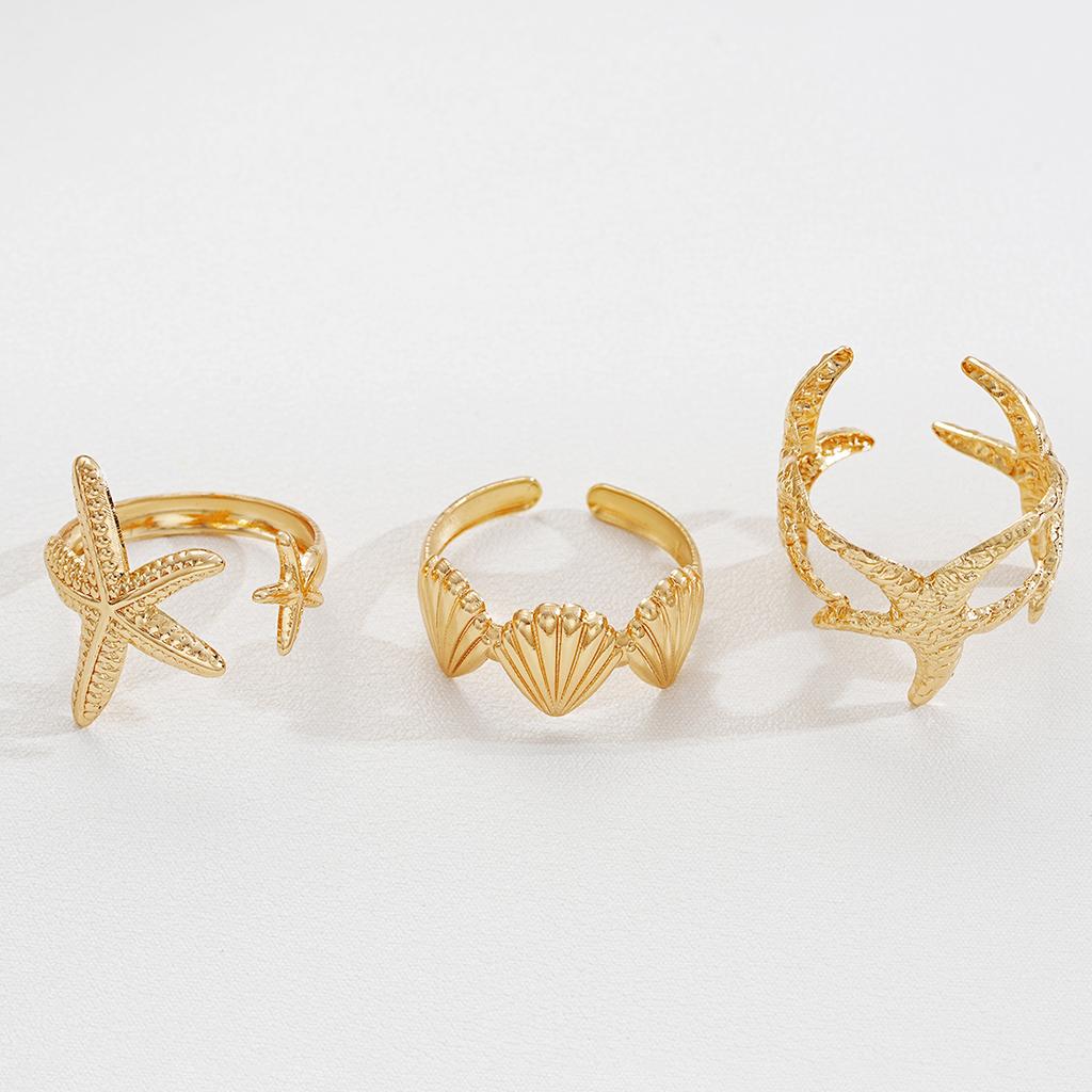 3 шт. Элегантное кольцо-стек, кольцо с открытой ракушкой морской звезды, железо, золото, вода, бриллиант, золото, повседневная одежда, аксессуары для вечеринок