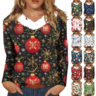 Женская футболка с длинным рукавом, рождественская вечеринка, плюшевый воротник, топ с V-образным вырезом