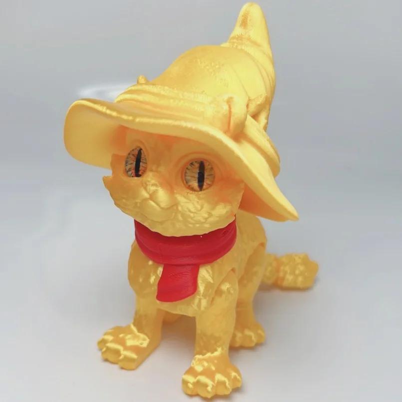 3D Printed Cat Figure Toy for Adults Gift Realistic Magical Joint Movable Witch Hat Cat Animal Model Home Desktop Decoration