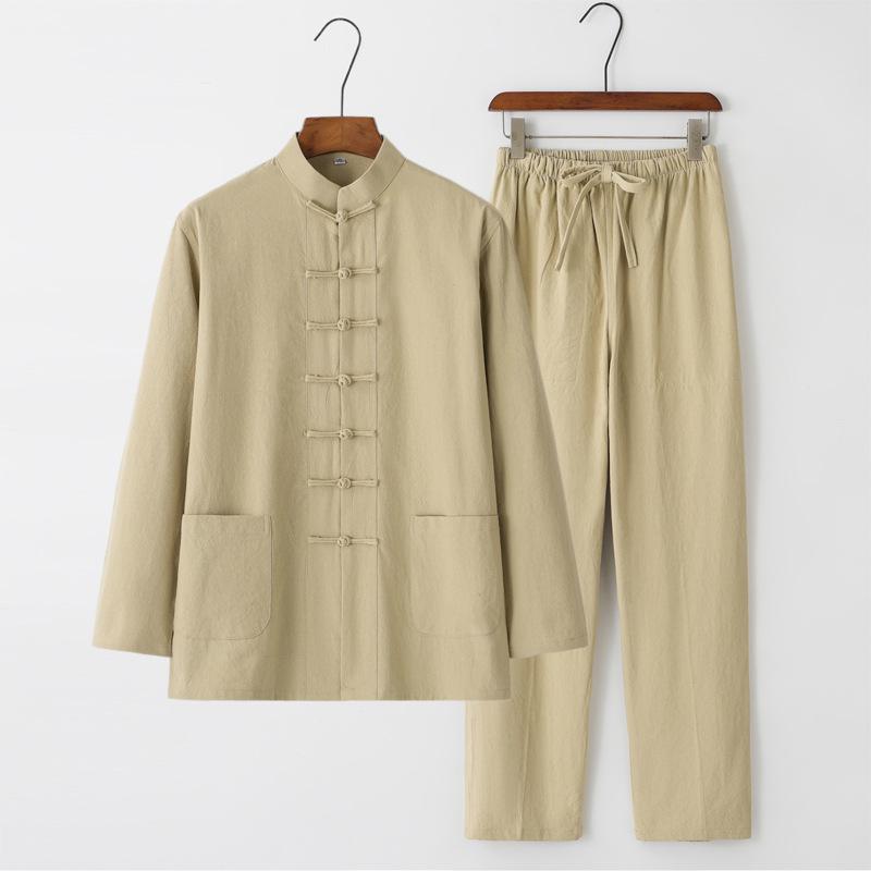 Men's Chinese Style Long-Sleeve Tang Suit Set with Frog Buttons - Retro Tea & Tai Chi Two-Piece