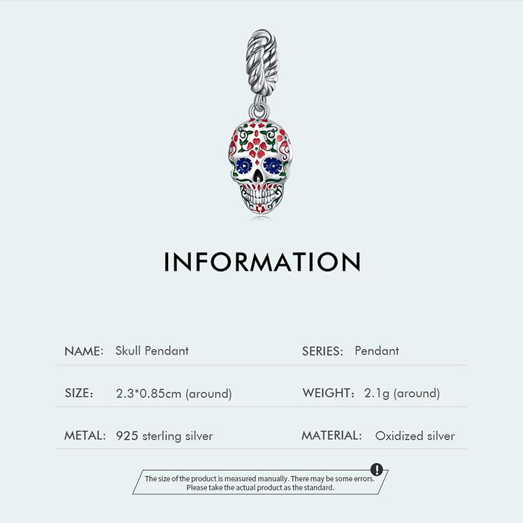 WOSTU Authentic 925 Sterling Silver Colorful Enamel Skull Charms Pendant for Women Fine Jewelry