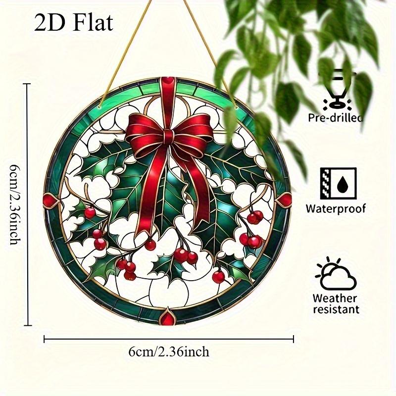 2D Flat Printing On Acrylic. 2D Flat Christmas Holly And Ivy Sun Catcher - 2D Flat Acrylic Window Hanging, Festive Red Bow Design, Suitable For Home