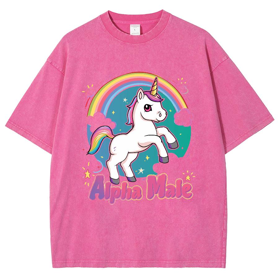 Женская футболка с принтом радужного пони, выстиранный деним, удобная, оверсайз, с коротким рукавом, милая, повседневная, молодежная, красивая подростковая майка