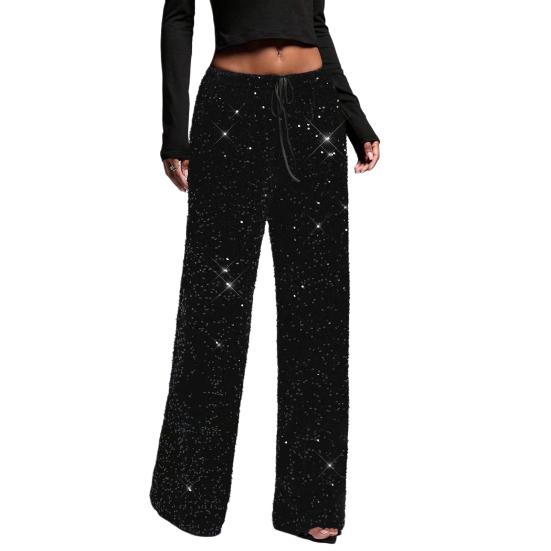 Женские брюки с высокой посадкой, широкими штанинами, повседневные брюки с пайетками, эластичным поясом на кулиске, праздничные брюки