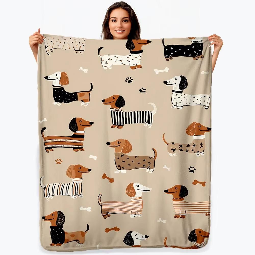 Dachshund Print Flannel Throw Blanket Brown Black White All Seasons Home Travel Comfort Decor