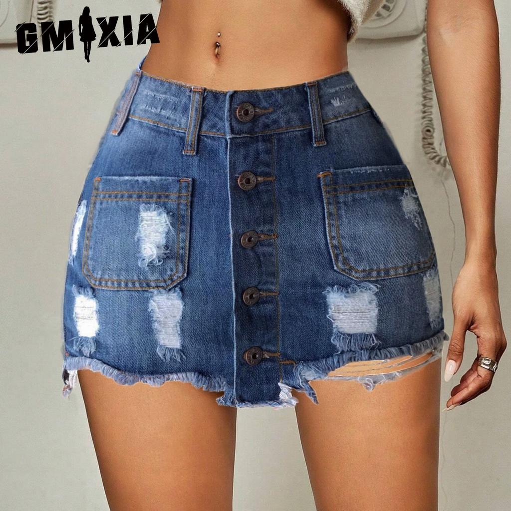 GMXIA Короткая джинсовая юбка Женская джинсовая юбка с рваными краями и облегающей юбкой-завязкой на бедрах