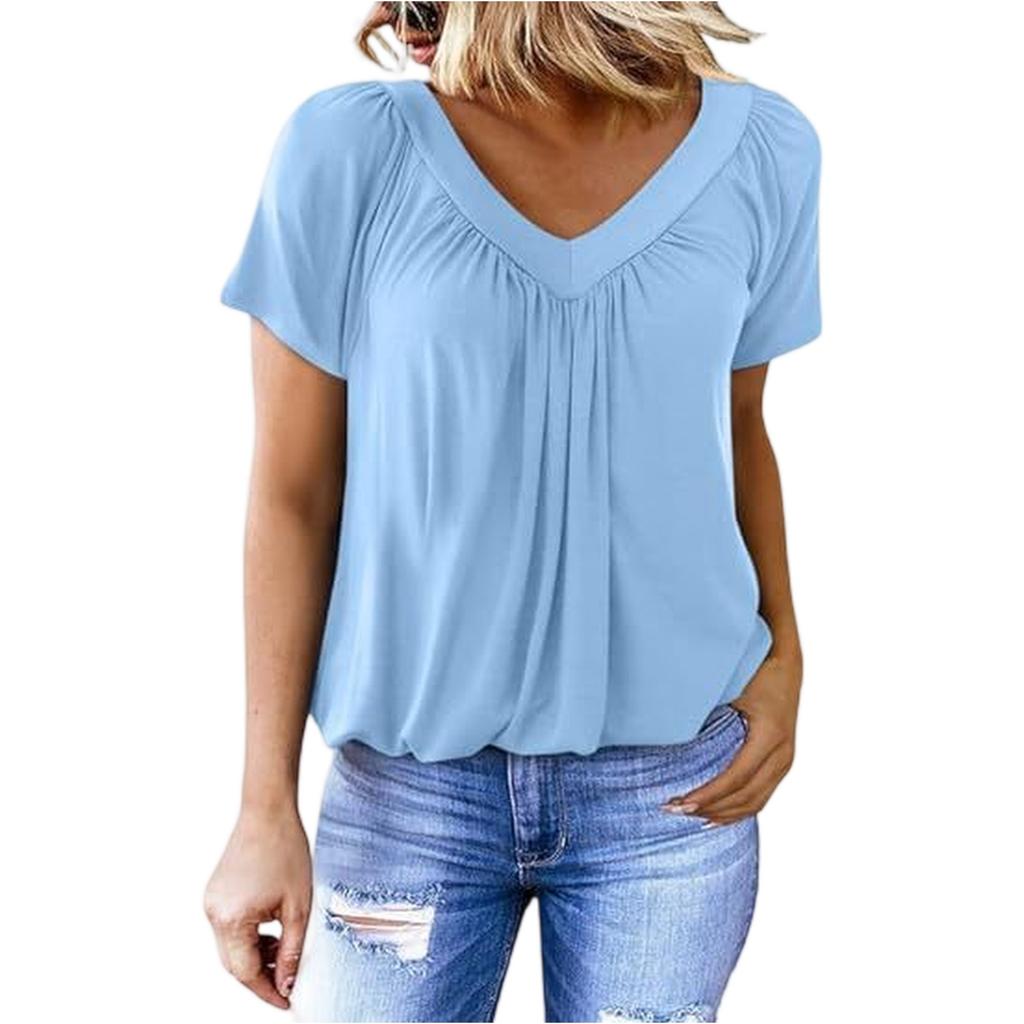 Женский повседневный топ с V-образным вырезом, плиссировкой и короткими рукавами