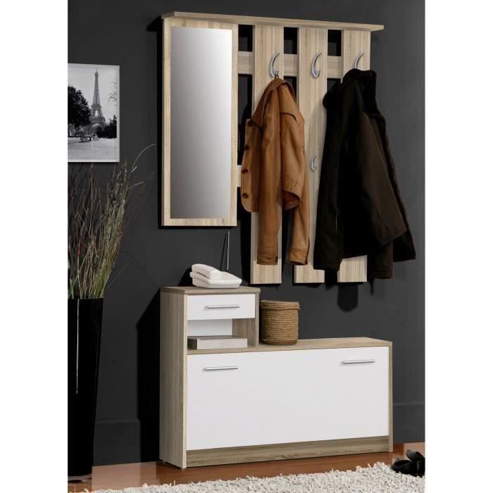 PEILI Vestiaire d'entrée avec miroir scandinave décor chêne et blanc - L 97 cm