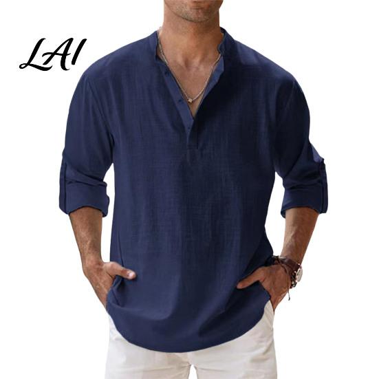 Comfortable Pullover Alternative Men Casual Shirt Tops Stand Collar Quarter Buttons Solid Color Breathable Tops for Summer Vacation Daily Wear