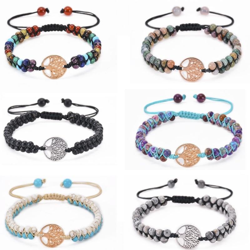 Браслет ручной работы из натурального камня в стиле бохо для йоги с подвесками «Дерево жизни» и «Яшма», плетеный браслет для женщин и мужчин
