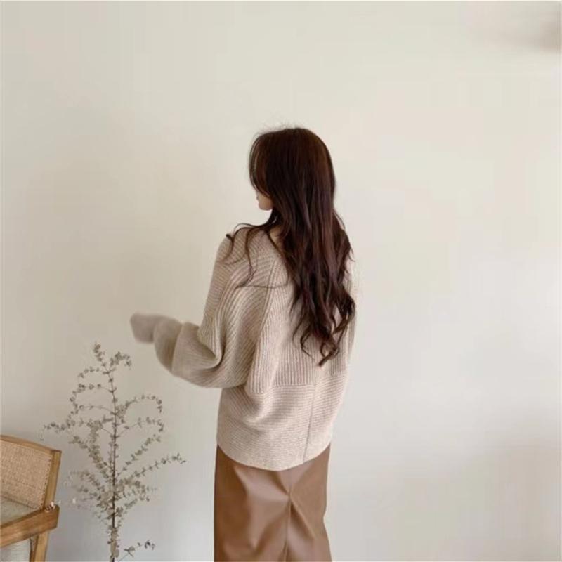 Temperament Simple cross-V-neck Loose Women's Sweater, Autumn and Winter Commuting All-match Elegant Women's Sweater Top