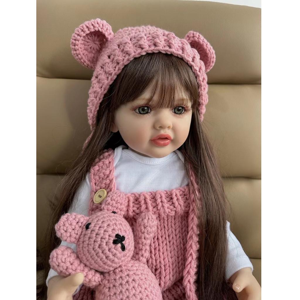 Реалистичная кукла Reborn для маленьких девочек 55 см 22 дюйма, мягкая силиконовая кукла с длинными коричневыми волосами, реалистичная принцесса для малышей Bebe, подарок на день рождения