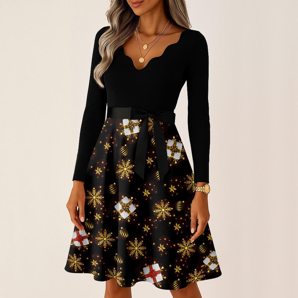 Женские повседневные модные длинные платья с рождественским графическим принтом и длинными рукавами в винтажном стиле