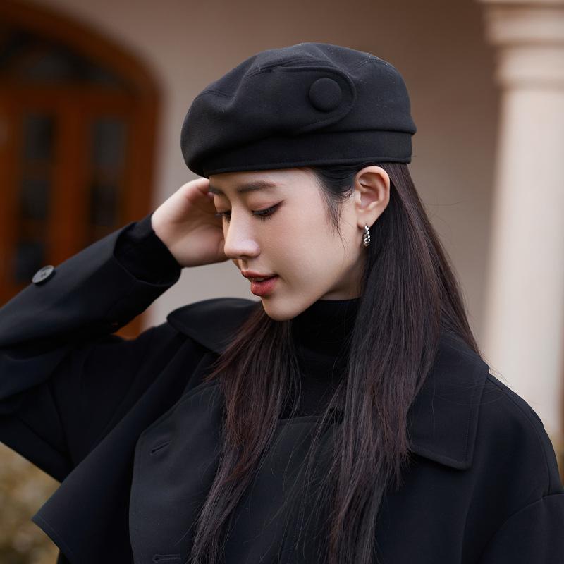 New Autumn and Winter Hat for Women with High End Button Beret Autumn and Winter Face Show Little Painter Hat for Literary Retro Bud Hat
