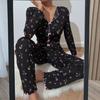 2 Pcs/Set Fall Winter Women Pajamas Suit Turn-down Collar Long Sleeve Printing Bow Decor Top High Waist Pants Sleepwear Casual Home Wear Clothes