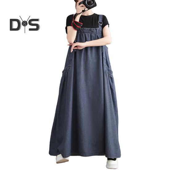 Женский джинсовый комбинезон, свободное платье-комбинезон без рукавов в стиле бохо с карманами, платье-сарафан с широким подолом и регулируемым ремешком