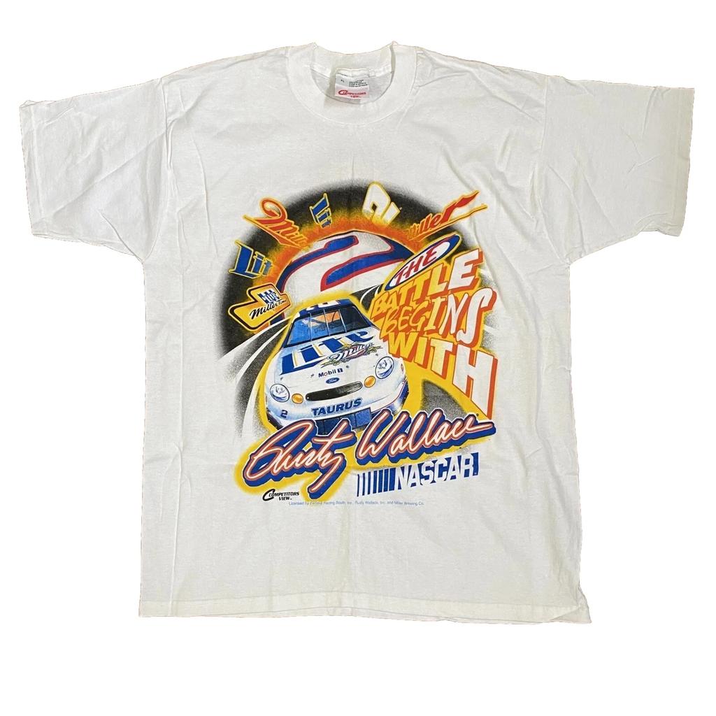 Rusty Wallace Mens XL Vintage 1990s Nascar Miller Lite Shirt White Ford Taurus