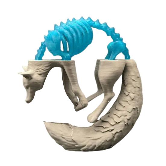 3D Printed Fox Ornament Half Skeleton Half Flesh Curled-up Fox Figurine Artistic Fox Statue Collectible for Table Shelf Decoration