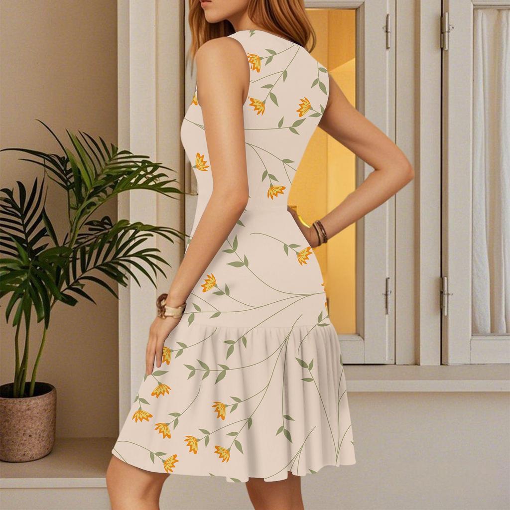 Женское летнее платье с V-образным вырезом, без рукавов, повседневное, с цветочным принтом, с плиссированным подолом