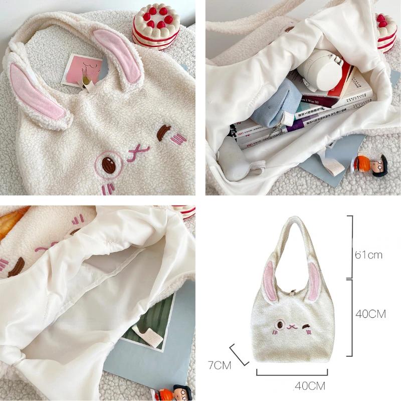 Faux Lamb Wool Women's Cartoon Shoulder Bag Soft Plush College Girls Book Tote Bags Lovely Bear Female Fluffy Shopper Handbags