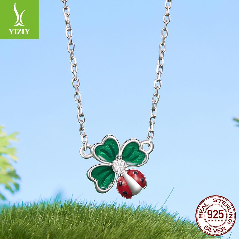 Spring New Four-Leaf Clover Ladybug Necklace 925 Silver Woman, Premium Sense S925 Silver Collarbone Chain