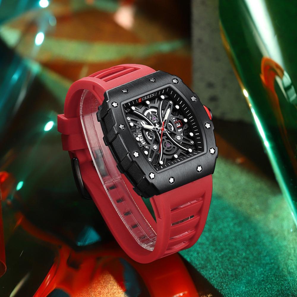 Curren 8438 Роскошные Мужские Кварцевые Наручные Часы с Силиконовым Ремешком, Водонепроницаемые, Квадратные, Спортивные, С Функцией Календаря