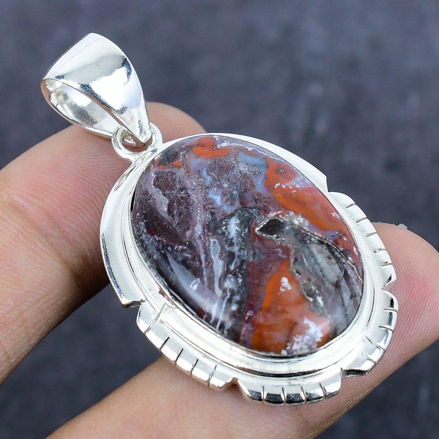 Laguna Lace Agate Gemstone Handmade 925 Sterling Silver Pendant 2.05" C9u39
