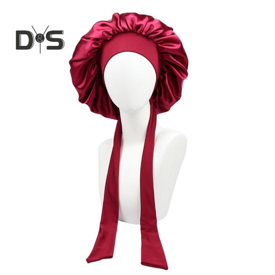 Women Shower Cap Sleeping Satin Bonnet Solid Color Adjustable Lace-up Bow Waterproof High Density Women Braids Curly Night Hat Beauty Parlor Cap