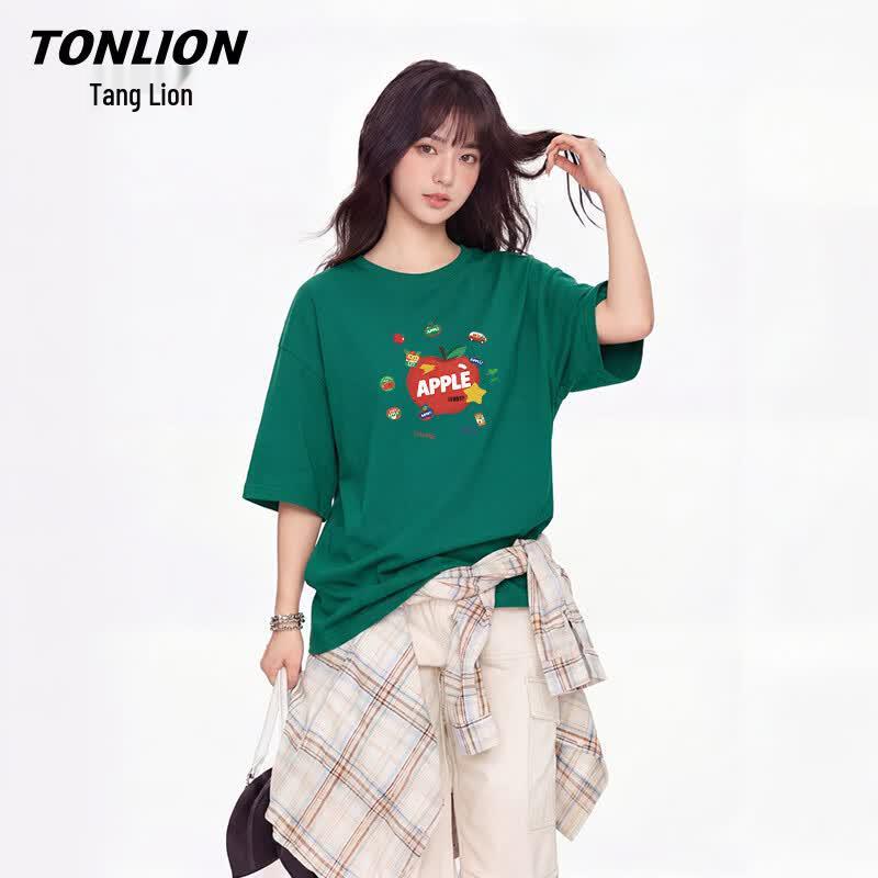Женская хлопковая футболка TonLion с мультяшным принтом, свободного кроя