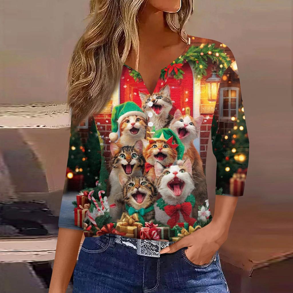 Women's Fashionable Casual Christmas Printed V-neck Three-quarter Sleeve Decorated Button Top