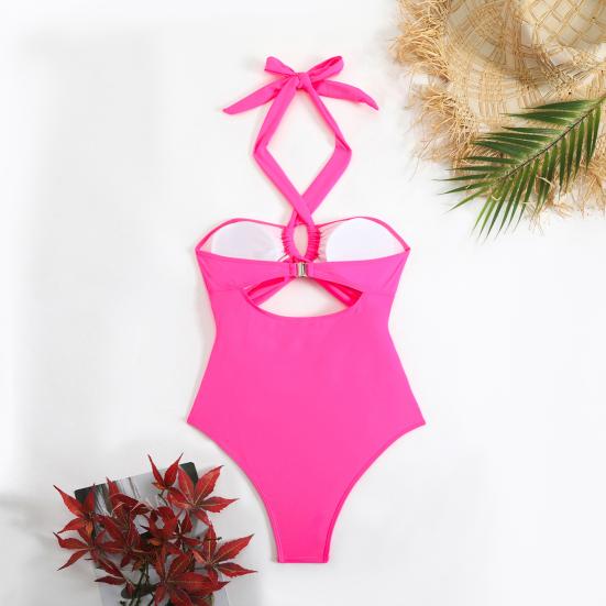 Женский монокини с подкладкой на косточках, однотонный, слитный бикини с вырезом на шее и полым дизайном, пляжный купальник для отдыха