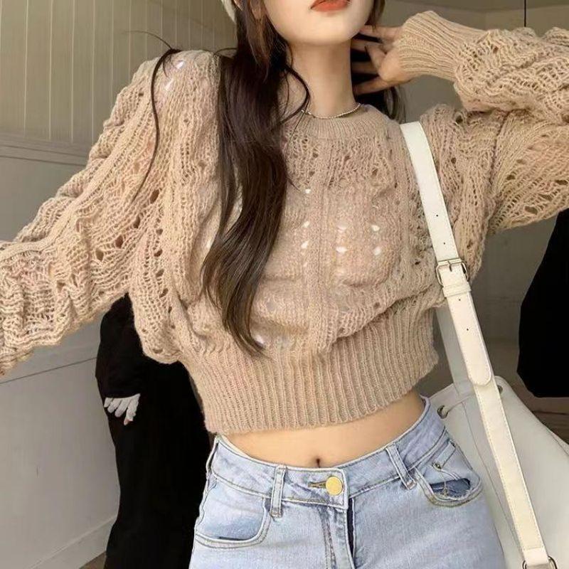 French Autumn Sweater Women's Solid Color Round Neck Hollow Knit Sweater Bubble Sleeve Knit Sweater Top Casual Knit Sweater