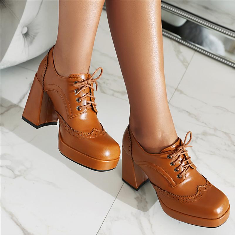 ANNYMOLI/женские туфли-лодочки с круглым носком на платформе, на толстом высоком каблуке, на шнуровке, в сдержанном стиле, женская модная обувь, весна-осень, бордовый, коричневый, 43