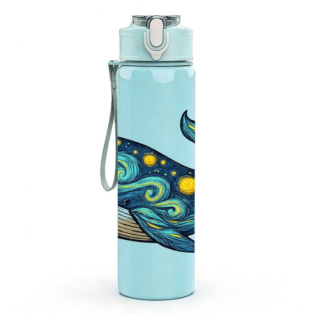1PC Blue Patterned Whale Art 750ml Color Plastic Sports Water Bottle Leakproof Flip Straw Lid Suitable for Sports Office Home Use