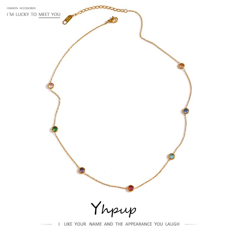 Yhpup 316L Stainless Steel Chain Necklace Delicate Colorful Cubic Zirconia Collar Necklace Trendy Jewelry Bijoux Femme Party