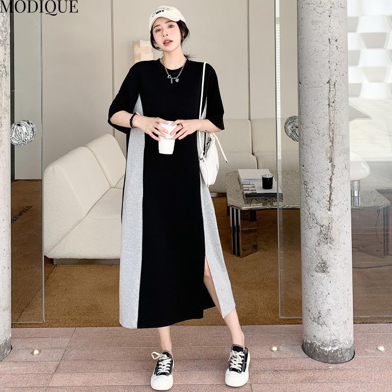 MODIQUE Лето Плюс Размер Новое Женское Свободное Повседневное Простое Стильное Пэчворк С Разрезом Длинное Платье Женское Платье С Коротким Рукавом О-Образным Вырезом