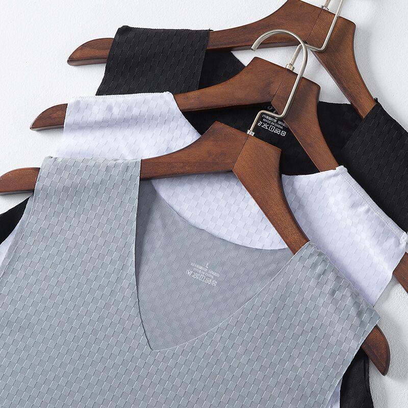 Мужская быстросохнущая облегающая майка без рукавов с V-образным вырезом из сетчатого ледяного шелка на лето