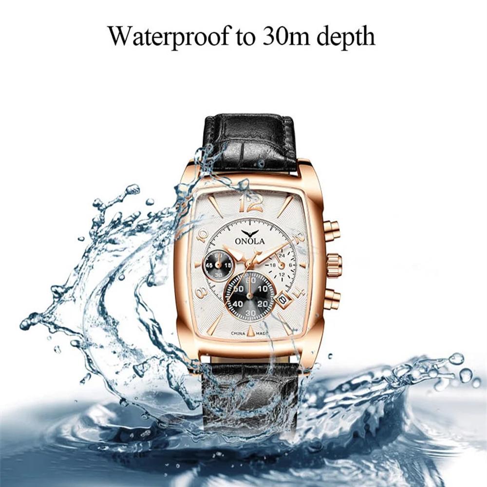 Роскошные деловые часы из нержавеющей стали с кожаным ремешком, водонепроницаемые часы, повседневные кварцевые мужские наручные часы с календарем, хронограф, прямоугольный циферблат