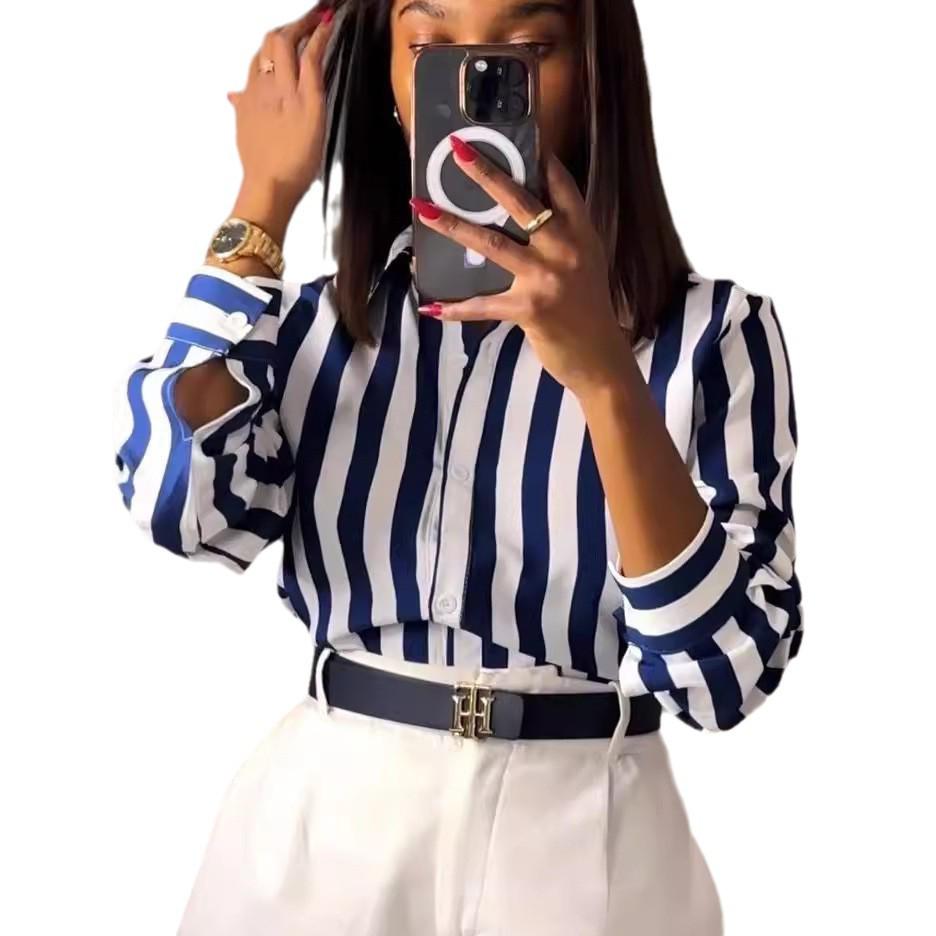 Модная женская рубашка в синюю полоску Весна/Лето 2026 - Универсальный европейский и американский стиль