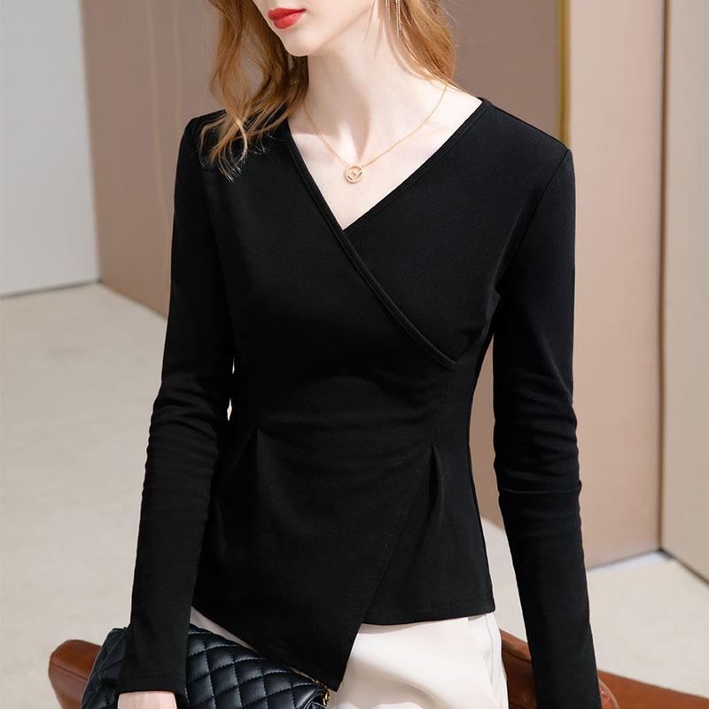 Женская футболка с круглым вырезом, новая женская футболка из хлопка с длинными рукавами и V-образным вырезом, нишевый топ с нерегулярным дизайном