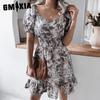 Casual Square Collar Lantern Sleeve Floral Casual Ruffled Dress for Women