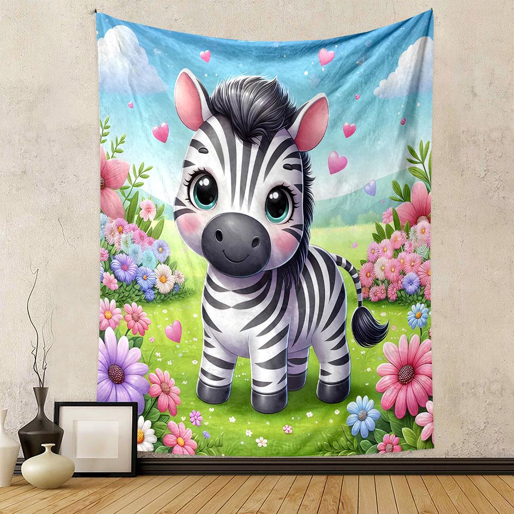 Cute Zebra in Floral Meadow Patterned Tapestry Decorative Wall Hanging, Home Bedroom Living Room Decor