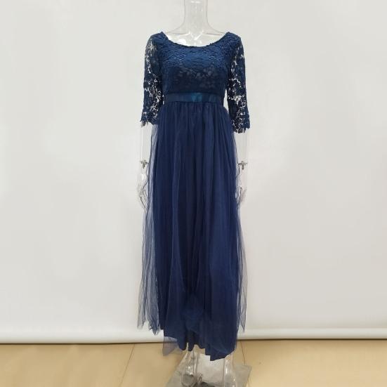 Women Prom Party Dress Round Neck Lace Flower Embroidery Half Sleeve Tight Waist Patchwork Floor Length Pleated Lady Fall Winter Maxi Evening Dress