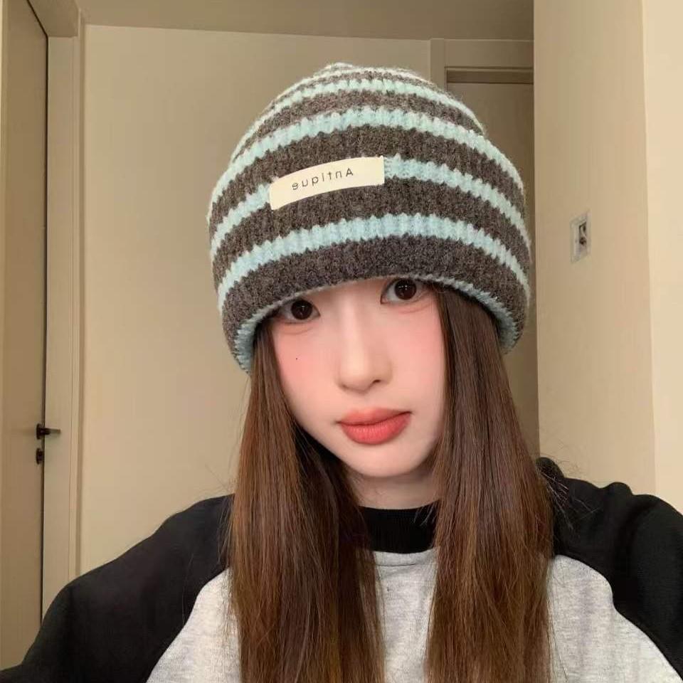 ins wind parent-child striped knitted hat personalized versatile simple labeling adult warm wool hat cold hat