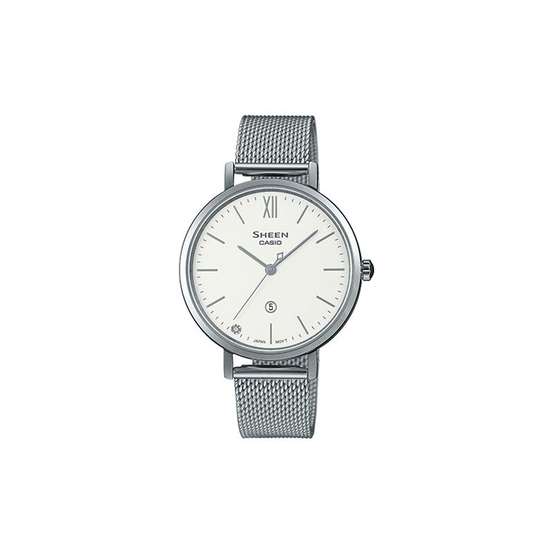 Casio Серия SHEEN простая и модная металлическое плетение Кварцевые Стальной ремешок женские часы белый циферблат SHE-4539M-7AUPR